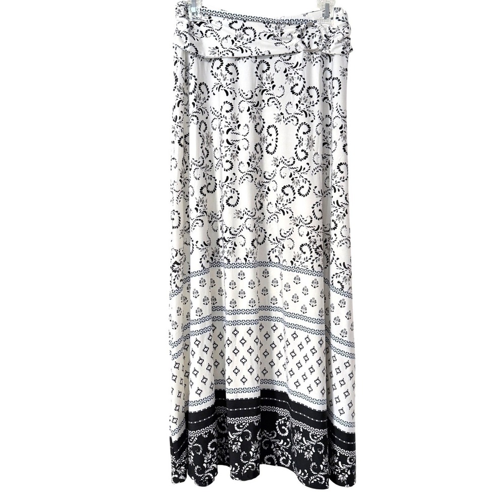 Robert Louis Maxi Skirt Womens M White Black Paisley Floral O-Ring Stretch